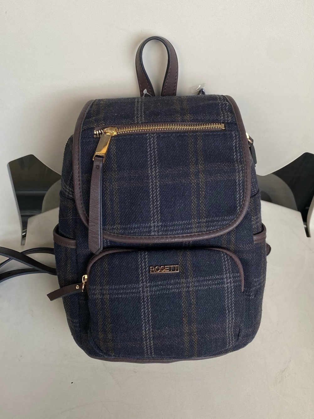 Rosetti Navy and Brown Plaid Mini Backpack with Gold Hardware